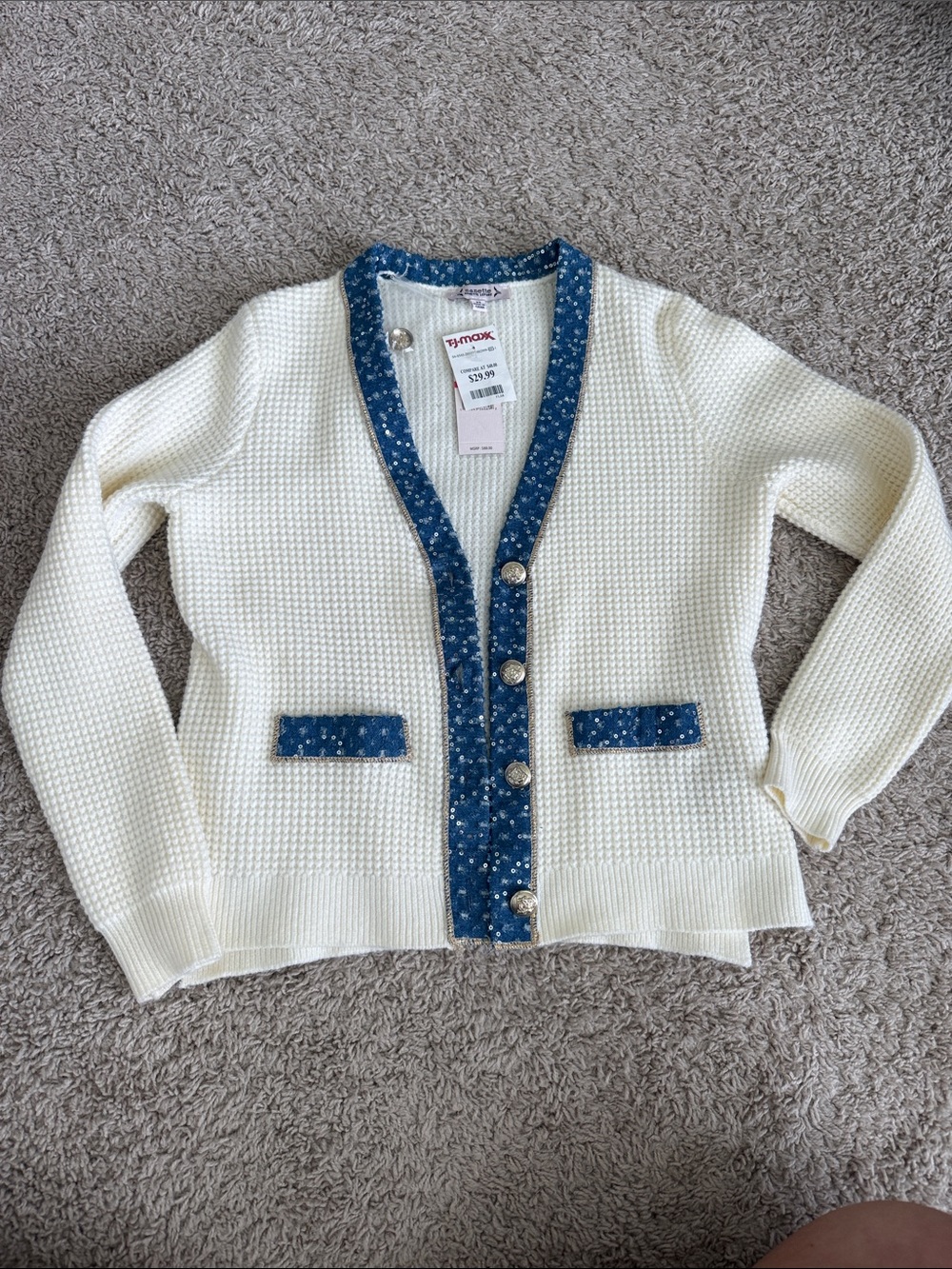 White Knit Cardigan with Sequin Blue Trim